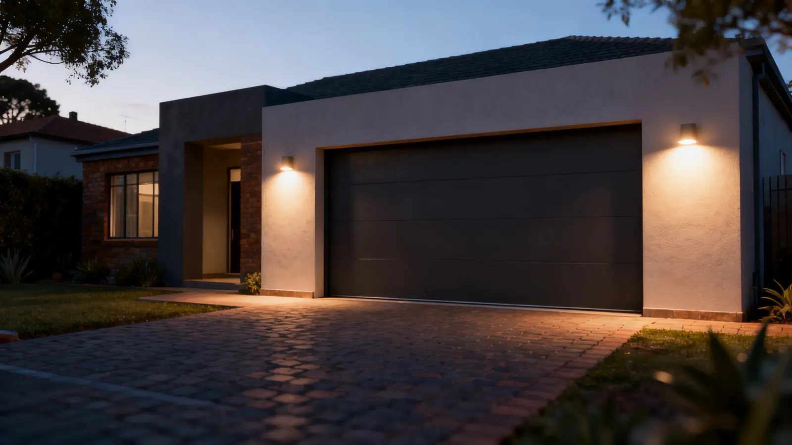 Modern garage door on a house with a paved driveway