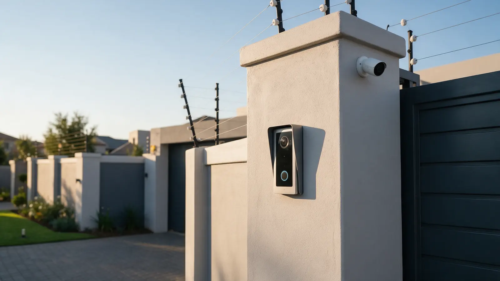 Gate pillar with a video intercom and security camera beside a sliding gate, electric fence along the wall